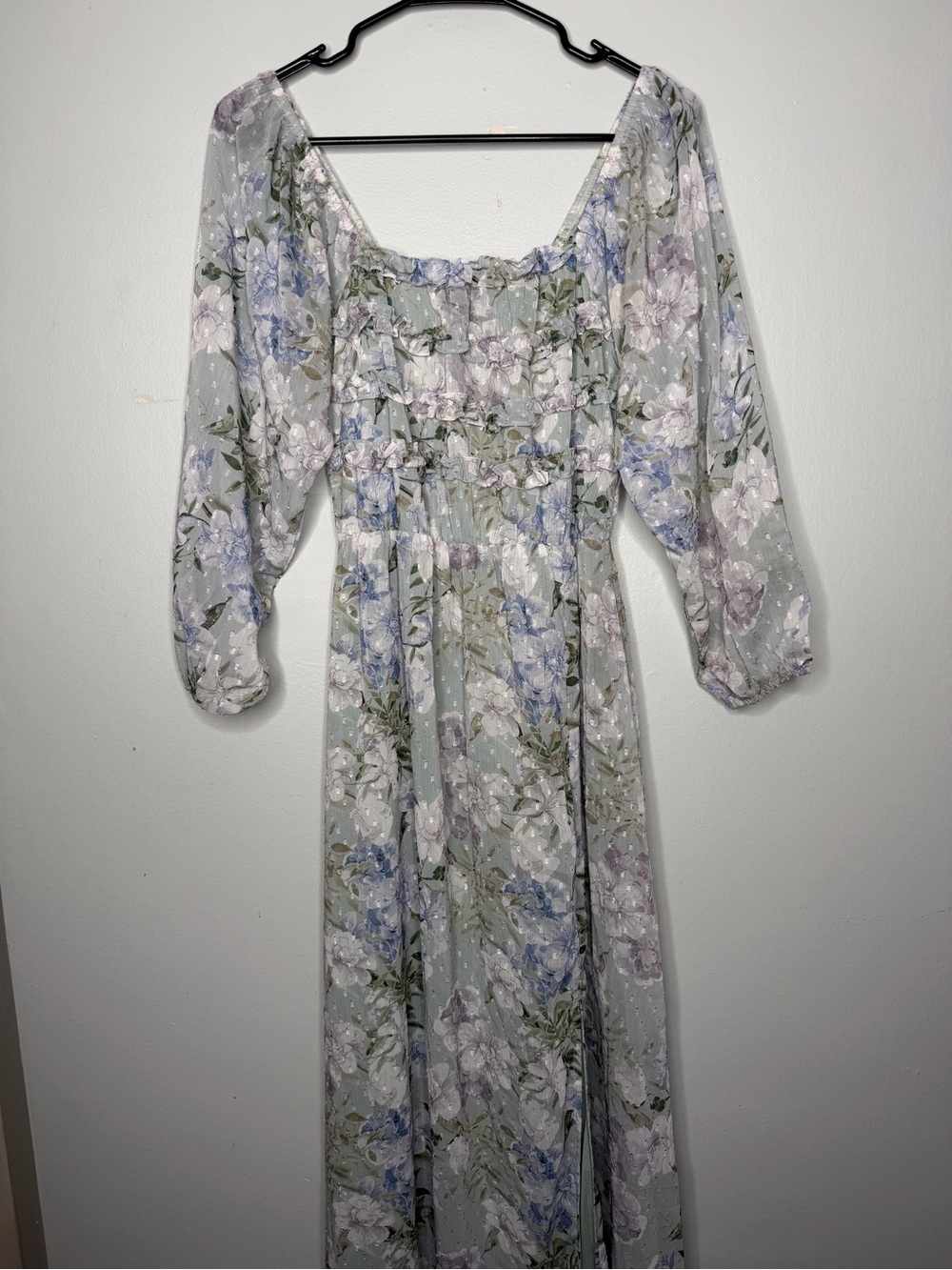Baltic Born Florence Sage Green Floral Ruffle Slit Long sleeve Maxi Dress Medium
